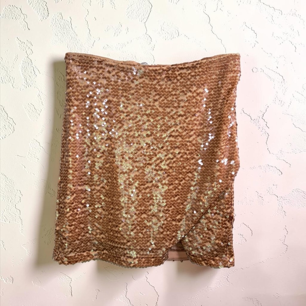 RACHEL ZOE Stretch Sequin Mini Skirt in Rose Gold, Large